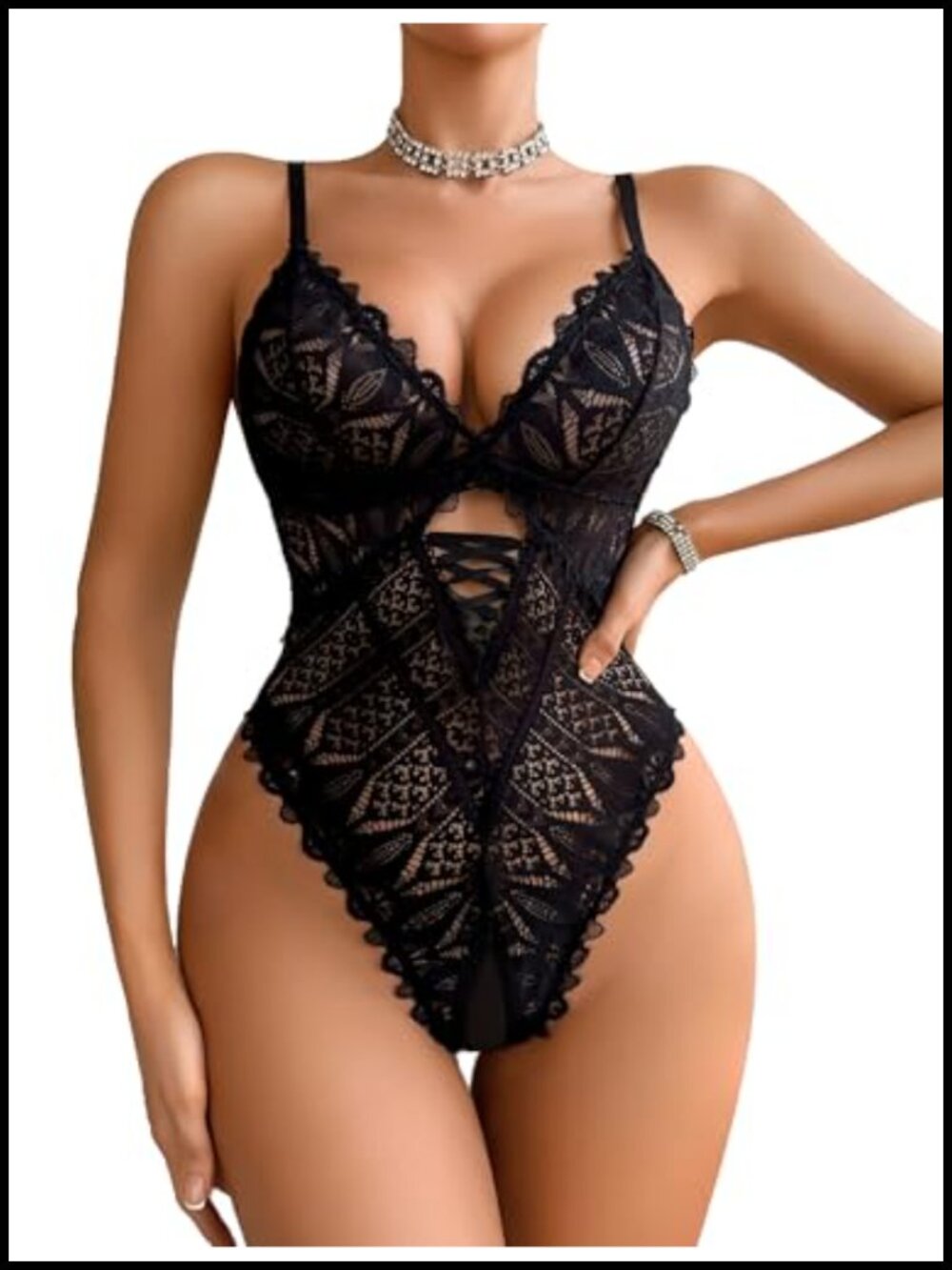 Women's One Piece Lace Bodysuit Teddy Criss Cross Deep V Bodysuit